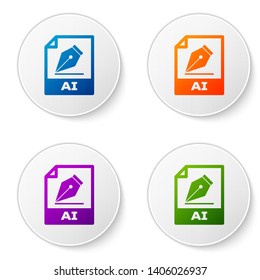 Color AI file document icon. Download ai button icon isolated on white background. AI file symbol. Set icons in circle buttons. Vector Illustration