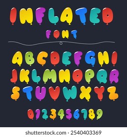 Color air balloons font. Funny kids letters or numbers. Inflated rounded shapes. Bright alphabet. Holiday typeset. Flying ABC typeface. Birthday party elements. Vector