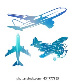 Color airplane symbols, logotypes, illustrations. Aviation stamps vector collection.