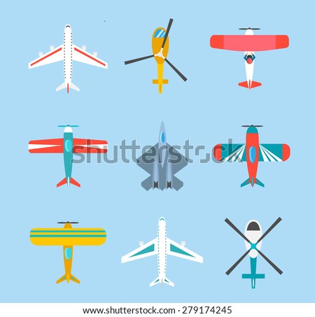 Color airplanes and helicopters icons set, top view, vector illustration, isolated. Travel by air, aircraft flight