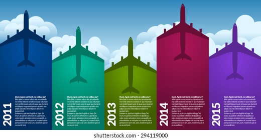 Color airplanes symbol with graph and template text. Sky background and simple clouds.