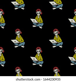 Color alien in the cap seamless pattern on black background