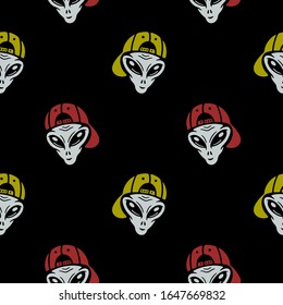 Color alien in the cap seamless pattern on black background