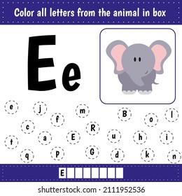 Color all letters from picture and write word in box at the bottom. Worksheets for kids education. Preschool. Elephant. Learning alphabet.
