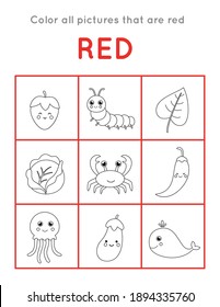 Color all objects that are in red color. Educational coloring game for kids.