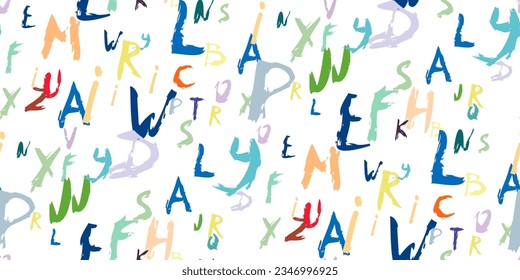 Color alphabet vector symbols. Seamless pattern of hand drawn brush calligraphy font on white. Grunge brush texture alphabet. Modern textured pen stroke. Modern wallpaper, wrapping paper, textile