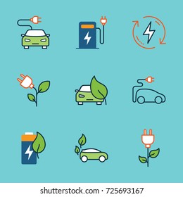 color alternative energy and electric car icons set on blue background