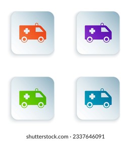 Color Ambulance and emergency car icon isolated on white background. Ambulance vehicle medical evacuation. Set colorful icons in square buttons. Vector