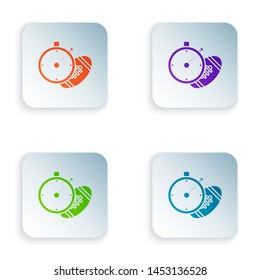 Color American Football ball and stopwatch icon isolated on white background. Set of sport equipment. Set icons in colorful square buttons. Vector Illustration