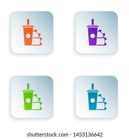 Color American Football ticket and paper glass soda with drinking straw icon isolated on white background. Set icons in colorful square buttons. Vector Illustration