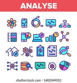 Color Analyse Element Sign Icons Set Vector Thin Line. Market Graph Detail Of Analyse Linear Pictograms. Diagram On Smartphone Display And Computer Laptop Monitor Illustrations