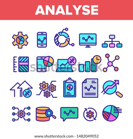 Color Analyse Element Sign Icons Set Vector Thin Line. Market Graph Detail Of Analyse Linear Pictograms. Diagram On Smartphone Display And Computer Laptop Monitor Illustrations