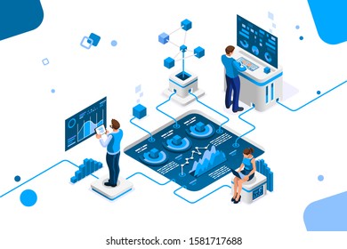 Color analyzing, creative statistics for success on calendar chart. Man near graphs, solution for collection on database. Display of strategy, visualization on desktop. Flat style vector illustration