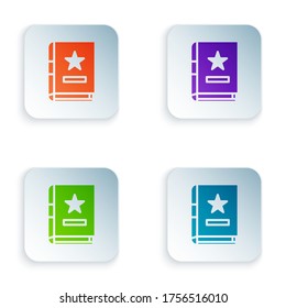 Color Ancient magic book with alchemy recipes and mystic spells and enchantments icon isolated on white background. Set colorful icons in square buttons. Vector Illustration