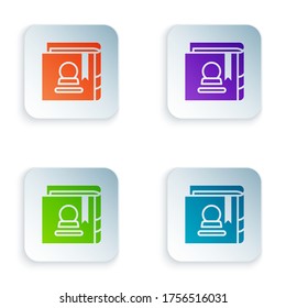 Color Ancient magic book with alchemy recipes and mystic spells and enchantments icon isolated on white background. Set colorful icons in square buttons. Vector Illustration