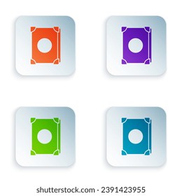 Color Ancient magic book with alchemy recipes and mystic spells and enchantments icon isolated on white background. Set colorful icons in square buttons. Vector Illustration