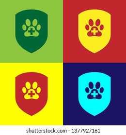 Color Animal health insurance icon isolated on color backgrounds. Pet protection icon. Dog or cat paw print. Vector Illustration