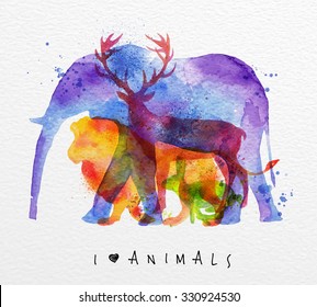 Color Animals ,elephant, Deer, Lion, Rabbit, Drawing Overprint On Paper Background