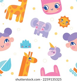 Color animals seamless pattern. Repeating design element for printing on fabric. Elephant, giraffe and unicorn. Imagination and fantasy, childrens fun and drawings. Cartoon flat vector illustration