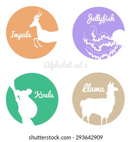 Color animals silhouettes labels in colorful circles. Wild animal logotype or alphabet isolated on white background. vector illustration