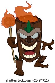 color animate African totem with a staff in his hands and the burning flame