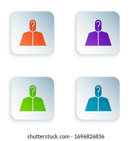 Color Anonymous man with question mark icon isolated on white background. Unknown user, incognito profile, business secrecy, obscurity. Set colorful icons in square buttons. Vector Illustration