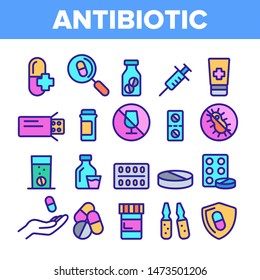 Color Antibiotic Thin Line Icons Set Vector. Drugs And Pills, Injection And Cream, Syrup And Drops Antibiotic Linear Pictograms. Anti Alcoholic And Virus Signs Contour Illustrations