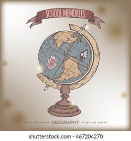 Color antique globe hand drawn sketch placed on old paper background. School memories collection. Great for school, education, book shop, retro design.
