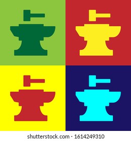 Color Anvil for blacksmithing and hammer icon isolated on color background. Metal forging. Forge tool.  Vector Illustration