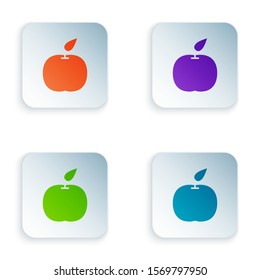 Color Apple icon isolated on white background. Fruit with leaf symbol. Set icons in square buttons. Vector Illustration