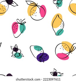 Color Apple and Peach Vector White Seamless Pattern. Sketch Citrus and Blueberry Background. Pink and Yellow Orange and Berry Summer Wallpaper.