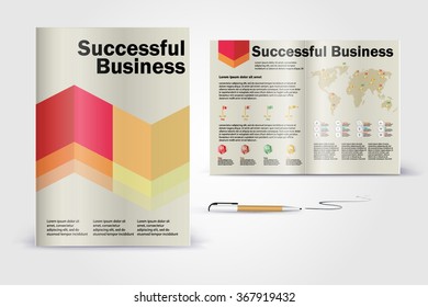 Color application booklet template design for corporate identity with statistics and infographics. Cover layout and infographics. Business stationery.