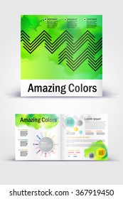 Color application booklet template design for corporate identity with statistics and infographics. Cover layout and infographics. Business stationery.