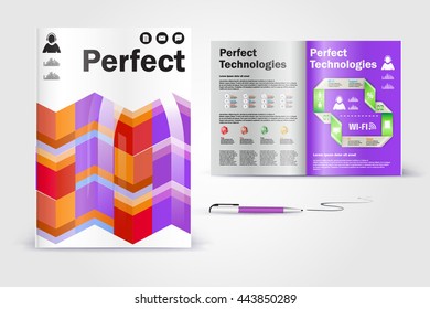 Color application booklet template design for corporate identity with statistics and infographics. Cover layout and infographics. Business stationery.