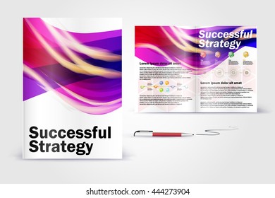 Color application booklet template design for corporate identity with statistics and infographics. Cover layout and infographics. Business stationery.