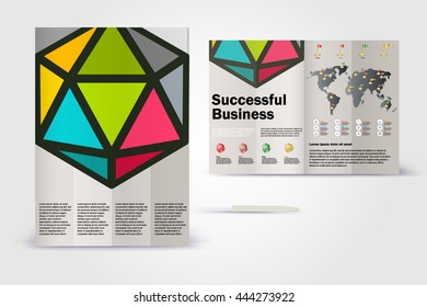 Color application booklet template design for corporate identity with statistics and infographics. Cover layout and infographics. Business stationery.