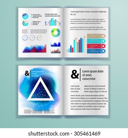 Color application brochure template design for corporate identity with watercolor splash and geometry shapes. Cover layout and infographics. Business stationery.