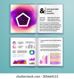Diseño de plantilla de folleto de aplicación de color para identidad corporativa con formas de salpicadura de acuarela y geometría. Diseño de portada e infografía. Papelería de negocios.
