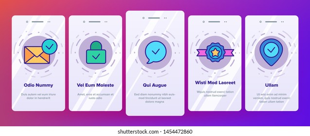 Color Approved And Certified Vector Onboarding Mobile App Page Screen. Approved, Quality Control Guarantee Outline Symbols Pack. Correct Choice Selection. Checkmark, Confirm, Tick Illustrations