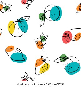 Color Apricot and Lime Vector White Seamless Pattern. Cute Apple and Peach Illustration. Green and Fuchsia Lemon and Strawberry Cartoon Wallpaper.
