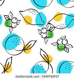 Farbe Apricot und Lime Vector weißes, nahtloses Muster. Sketch Lemon Texture. Gelbe und grüne Orange und Berry Summer Print.