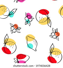 Color Apricot and Lime Vector White Seamless Pattern. Line Orange and Berry Background. Bright Lemon and Strawberry Cartoon Texture.