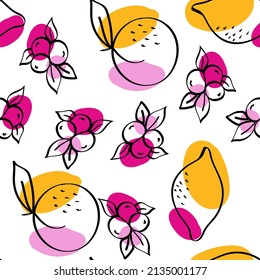 Color Apricot and Lime Vector White Seamless Pattern. Summer Orange and Berry Wallpaper. Bright Lemon Line Texture.