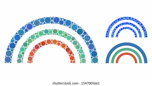 Color arc mosaic of round dots in different sizes and color tones, based on color arc icon. Vector round dots are organized into blue composition. Dotted color arc icon in usual and blue versions.