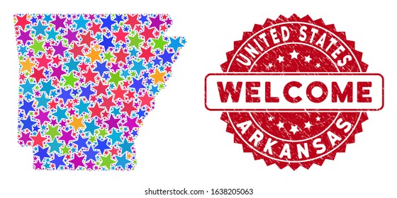 Color Arkansas State map collage of stars, and textured round red WELCOME stamp seal. Abstract territory scheme in colorful color tones. Vector Arkansas State map is designed of colorful stars.