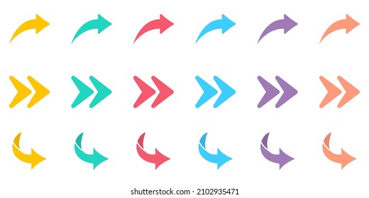 Digital-Icon-Set für Farbbogen. Rechts, Weiter, Link teilen, Zurück, Vorwärts Symbol. Richtung, Navigation, Ausrichtung, Download Cursor Piktogramm. Knopfsymbol "Rückgängig machen". Einzelne Vektorgrafik.