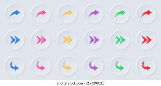 Color Arrow Digital Icon Set in Neumorphism Style. Right, Next, Share Link, Back, Forward Symbol. Direction, Navigation, Orientation Cursor Pictogram. Curve Undo Button. Isolated Vector Illustration.