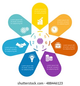 Color Arrows arranged in circle, pointing inside the circle. Template for infographic numbered seven positions.