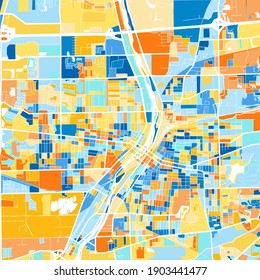 Color art map of  Aurora, Illinois, UnitedStates in blues and oranges. The color gradations in Aurora   map follow a random pattern. svg