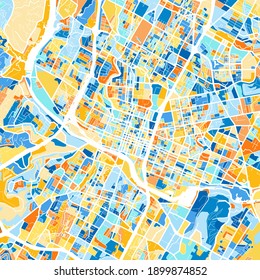 Color art map of  Austin, Texas, UnitedStates in blues and oranges. The color gradations in Austin   map follow a random pattern.